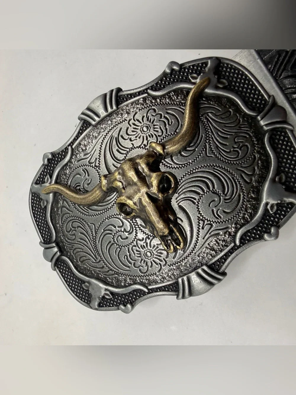 Western Cowboy Black Belt Longhorn Steer Skull Buckle 50” Rodeo Ranch Style